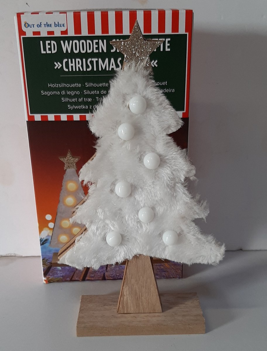 Houten silhouet kerstboom fluffy met ledlampjes recht model