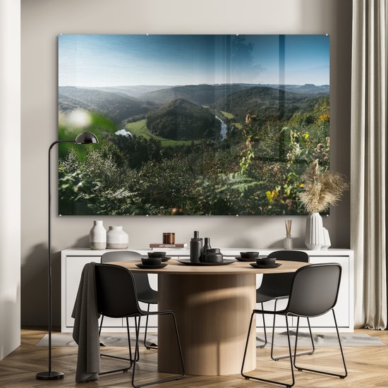 ® Glasschilderij 150x100 cm - Schilderij acrylglas - Een meanderende rivier in de Belgische Ardennen - Foto op glas - Muurdecoratie woonkamer - Wanddecoratie slaapkamer - Schilderijen