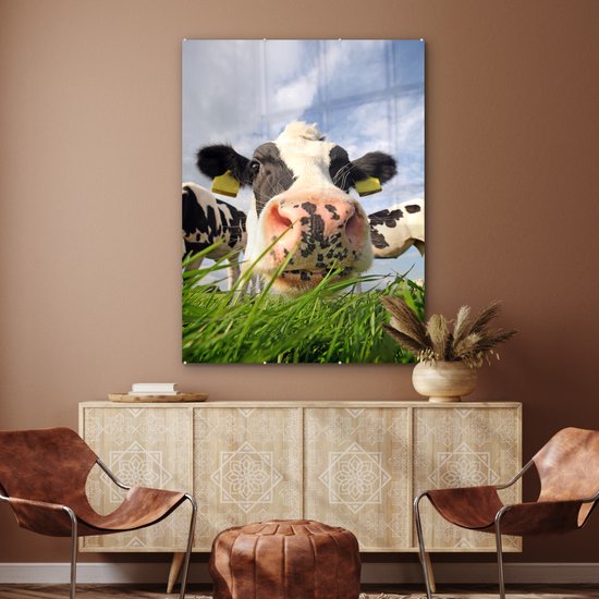 MuchoWow® Peinture sur verre 90x120 cm - Peinture sur verre acrylique - Vache - Ferme - Herbe - Animaux - Photo sur verre - Peintures