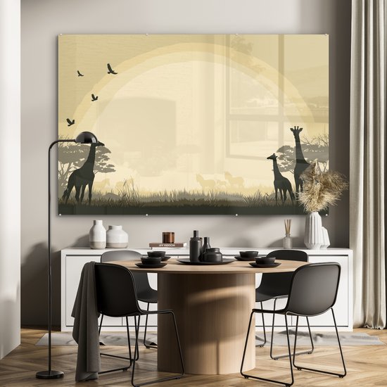 MuchoWow® Glasschilderij 150x100 cm - Schilderij acrylglas - Een illustratie van een Afrikaanse safari als achtergrond met giraffen - Foto op glas - Schilderijen