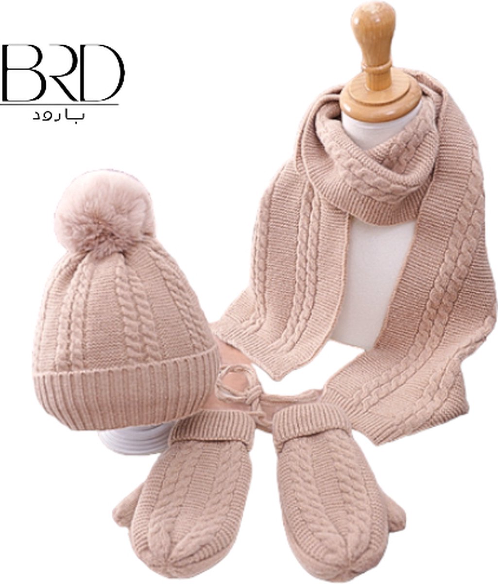BRD® Winter | set voor kinderen Beige - gevoerde muts, sjaal en handschoenen wanten met touw - kind winterset gebreid gevoerd met pompon - 3 delige set