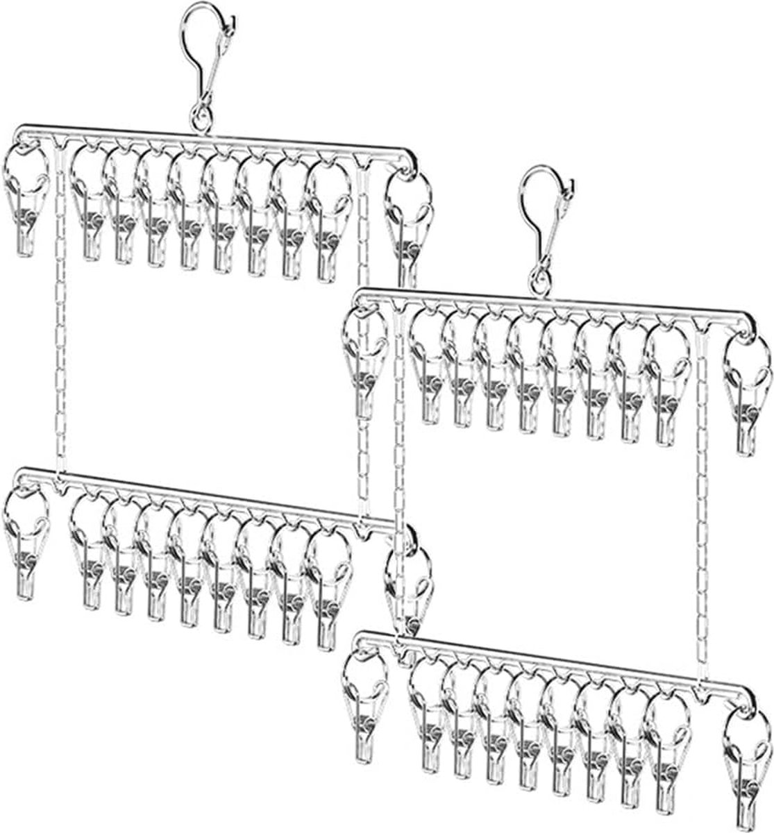 Goedkoopste Pakket van 2 dubbele laag sokklemmen, roestvrijstalen sokkenrek, ondergoeddroger met knijpers, voor sokken, ondergoed, schoeninlegzolen, handschoenen.
