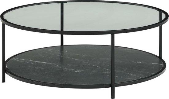 Table basse avec double plateau en MDF, verre et acier - Effet marbre Zwart et transparent - SHIVON L 90 cm x H 33,5 cm x P 90 cm