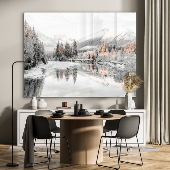 MuchoWow® Peinture sur verre 160x120 cm - Peinture sur verre acrylique - Nature - Hiver - Arbres - Montagnes - Neige - Photo sur verre - Peintures