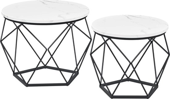Relaxdays salontafel set van 2, 2 groottes, marmer look, metalen, ronde