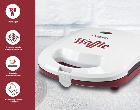 Beper BT.602H - Wafelijzer - Wafelmaker - Dubbele Anti-aanbaklaag - Indicatielampje - 780 Watt - Hip Design - Makkelijk Opbergbaar van Beper — afbeelding 4