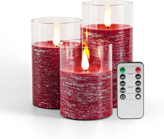 Valentijnsdag kaarsen LED Kaarsen 3 stuks Batterijkaarsen,batterijen met afstandsbediening en timer Rood-01