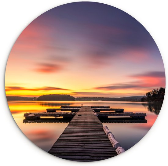 Cercle mural - Cercle mural - Coucher de soleil - Water - Jetée - Paysage - Plastique - Tableaux ronds - Décoration murale ronde - 60x60 cm - Décoration murale murale - Cercle mural intérieur - Tableau rond