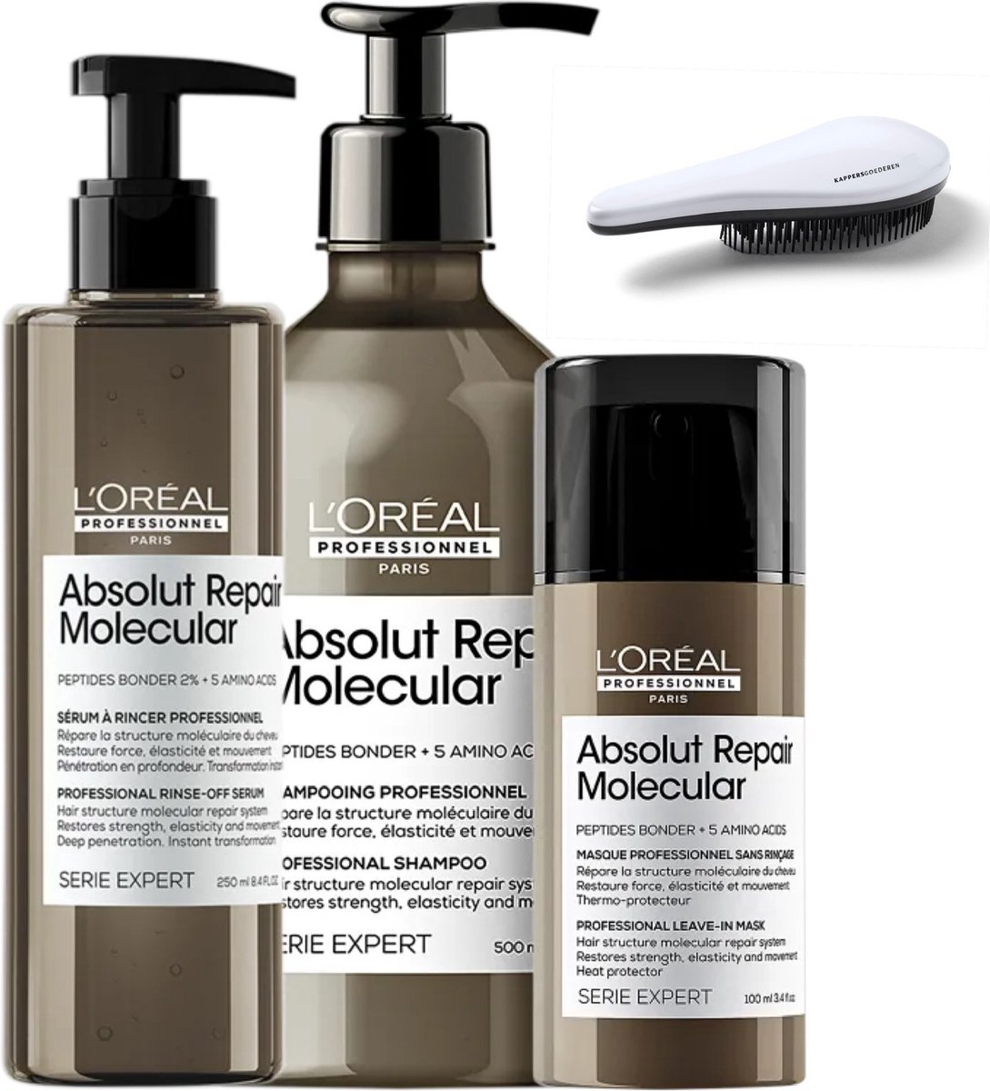 L'Oréal Professionnel - Absolut Repair Molecular Set - 500ml - Beschadigd Haar Pakket - Shampoo + Leave-In Treatment + Rinse-Off Serum + KG Ontwarborstel - Serie Expert Kit