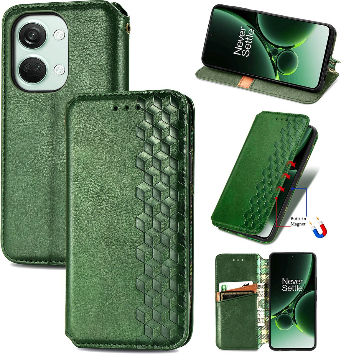 Luxe PU Lederen Ruitpatroon Wallet Case + PMMA Screenprotector voor OnePlus Nord 3 _ Groen