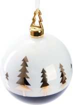 BRUBAKER Premium Kerstbal Dennenboom Goud - 10 Cm Glas Wit Zwart Met Gouden Dennenbomen - Kerstboomkogel Met Porseleinen Figuur Kerstboom - Handbeschilderd