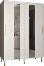 Zweefdeurkast met spiegel Kledingkast met 2 schuifdeuren Garderobekast slaapkamerkast Kledingstang met planken | elegante kledingkast, glamoureuze stijl (LxHxP): 150x208x62 cm - CAPS POL (Wit, 150 cm)