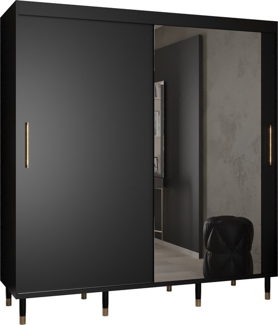 Zweefdeurkast met spiegel Kledingkast met 2 schuifdeuren Garderobekast slaapkamerkast Kledingstang met planken | elegante kledingkast, glamoureuze stijl (LxHxP): 200x208x62 cm - CAPS T2 (Zwart, 200 cm)