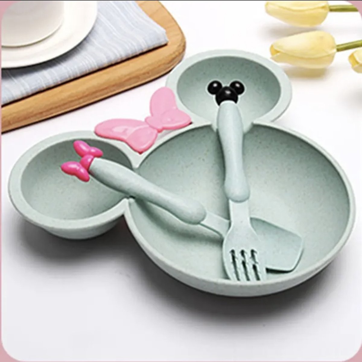 Goedkoopste Mouse Bestekset - Mintgroen - kinderservies - bordje en bestek set- Muis vorm - bakje met vork en lepel detail met oortjes - Onbreekbaar - lunch ontbijt avondeten kind zelf leren - Kraamcadeau- Baby - Siliconen - Cadeau - Sinterklaas