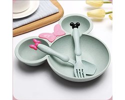 Mouse Bestekset - Mintgroen - kinderservies - bordje en bestek set- Muis vorm - bakje met vork en lepel detail met oortjes - Onbreekbaar - lunch ontbijt avondeten kind zelf leren - Kraamcadeau- Baby - Siliconen - Cadeau - Sinterklaas-