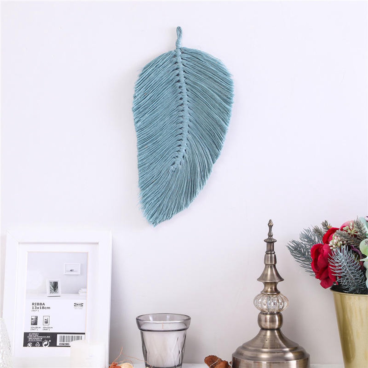 Handgemaakte Veer | Macramé | 30cm bij 15cm | Hoogwaardige Kwaliteit | Blauw