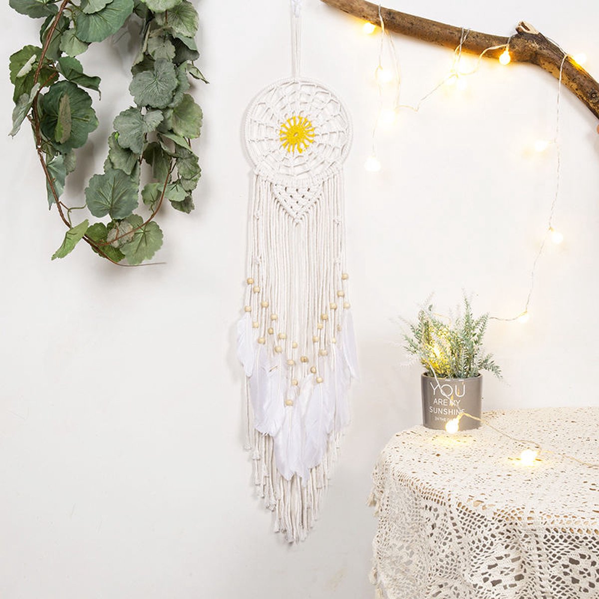 Handgemaakte Dromenvanger | Dreamcatcher | Macramé | Veren | 16cm bij cm87 | Hoogwaardige Kwaliteit