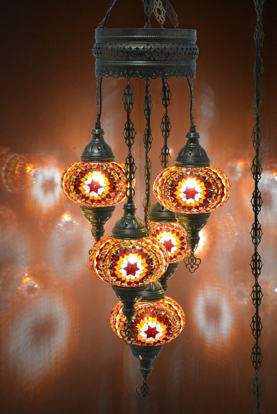 Lampe suspendue turque à 5 boules, lustre oriental en verre mosaïque multicolore