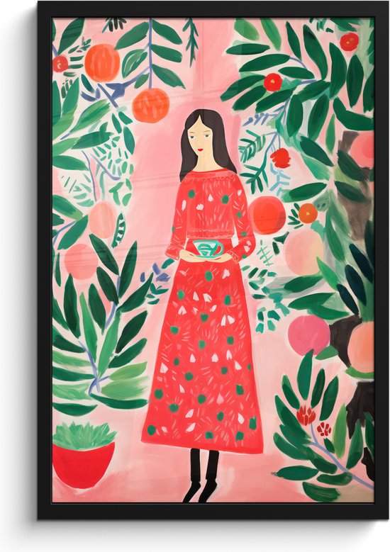 Poster in lijst - Fotolijst 40x60 cm - Posters - Kerstmis - Vrouw - Planten - Groen - Rood - Posterlijst zwart - Decoratie - Wanddecoratie woonkamer - Muurdecoratie slaapkamer - Kerstversiering - Kerstdecoratie voor binnen - Kerstmis