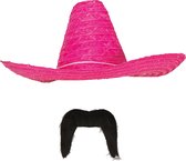 Carnaval verkleed set - Mexicaanse sombrero hoed met plaksnor - roze - heren