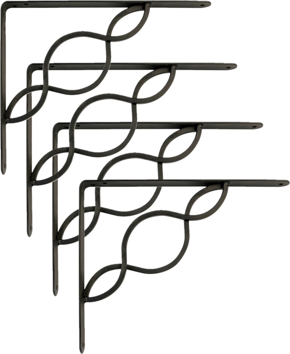 AMIG Plankdrager/steun/beugel Decoratief - 4x - metaal - zwart - H150 x B125 mm - Tot 195 kg - boekenplank steunen