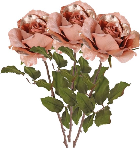 Top Art Kunstbloem roos Glamour - 3x - zalm met goudkleur - satijn - 61 cm - kunststof steel - decoratie bloemen