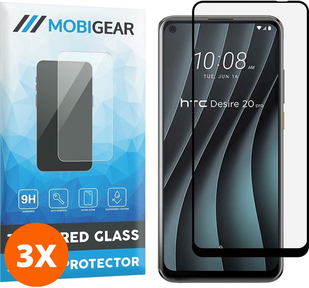 Mobigear Screenprotector geschikt voor HTC Desire 20 Pro Glazen | Mobigear Premium Screenprotector - Case Friendly - Zwart (3-Pack)