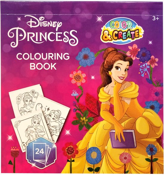Disney Princess - Mini kleurblok - 10,5 x 10 cm - dik papier - 24 kleurplaatjes - scheurblok - Prinsessen - Belle - creatief - schoenkado - sinterklaas - cadeau