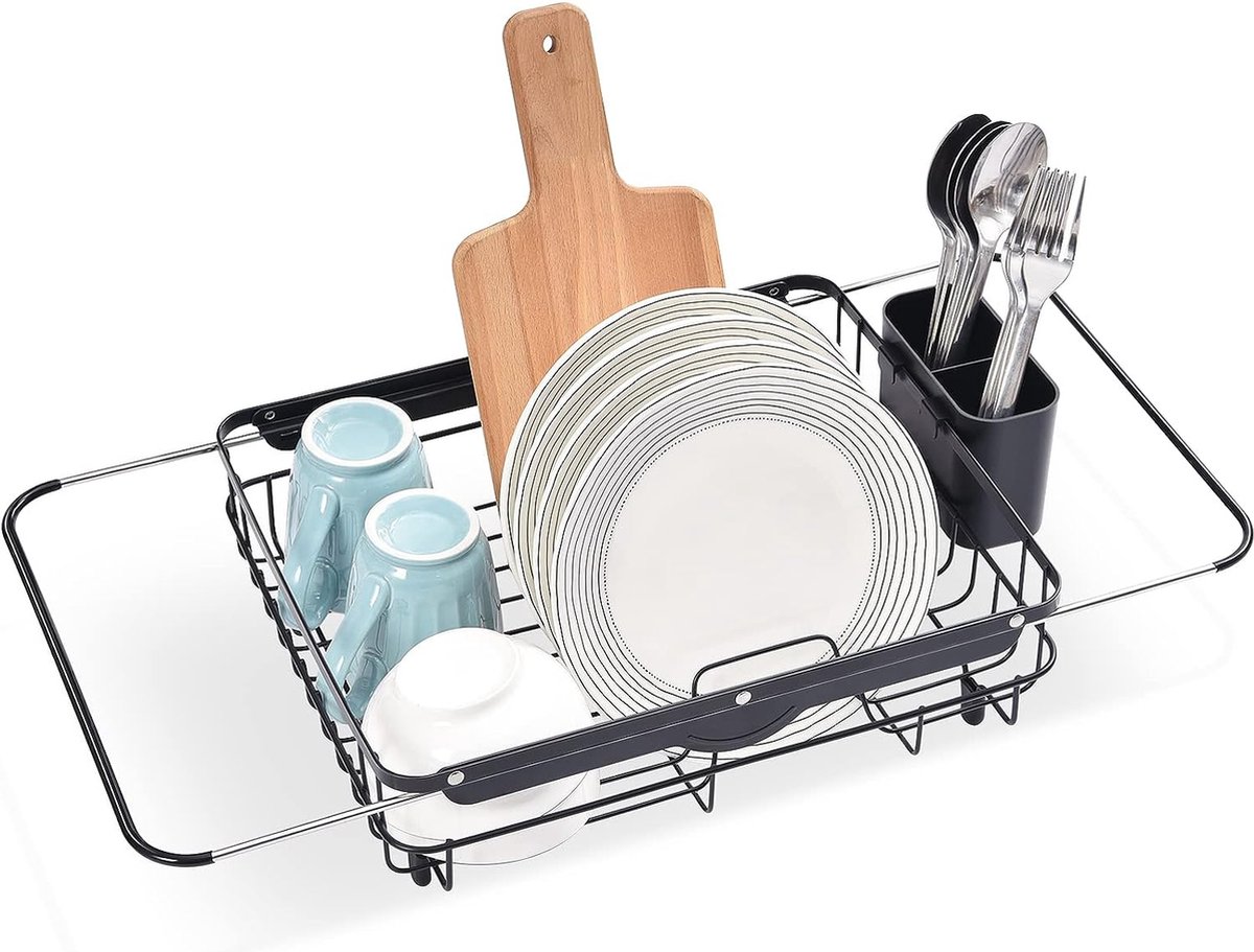 Goedkoopste Aluminium Afdruiprek voor Borden Opvouwbaar Afdruiprek met Uitschuifbaar Afdruiprek voor Borden, Afdruipmandje met Bestekhouder, Wijnglashouder, Afdruiprek voor de Keuken.