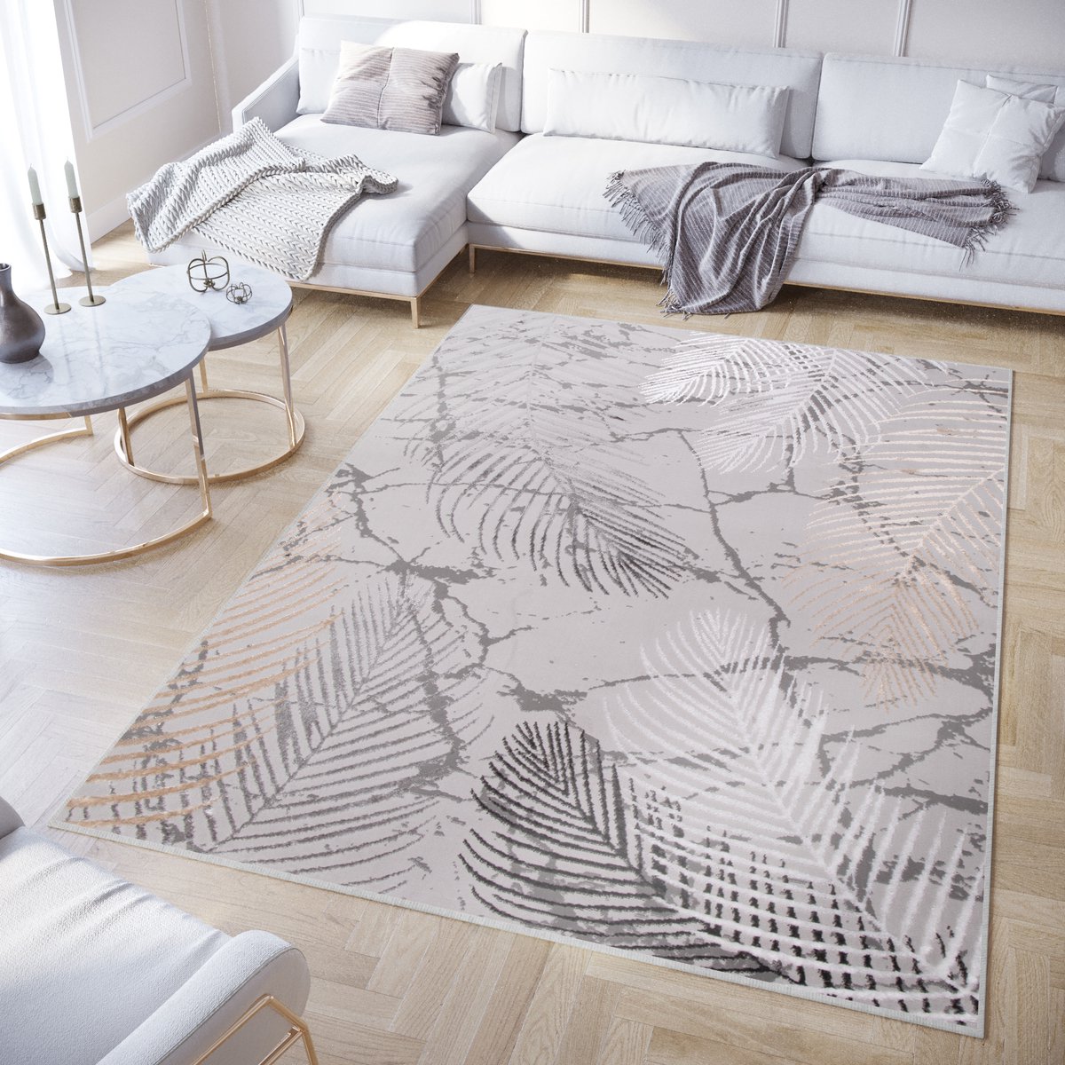 Tapiso Crystal Vloerkleed Beige Grijs Bladeren Modern Tapijt Maat- 120x170