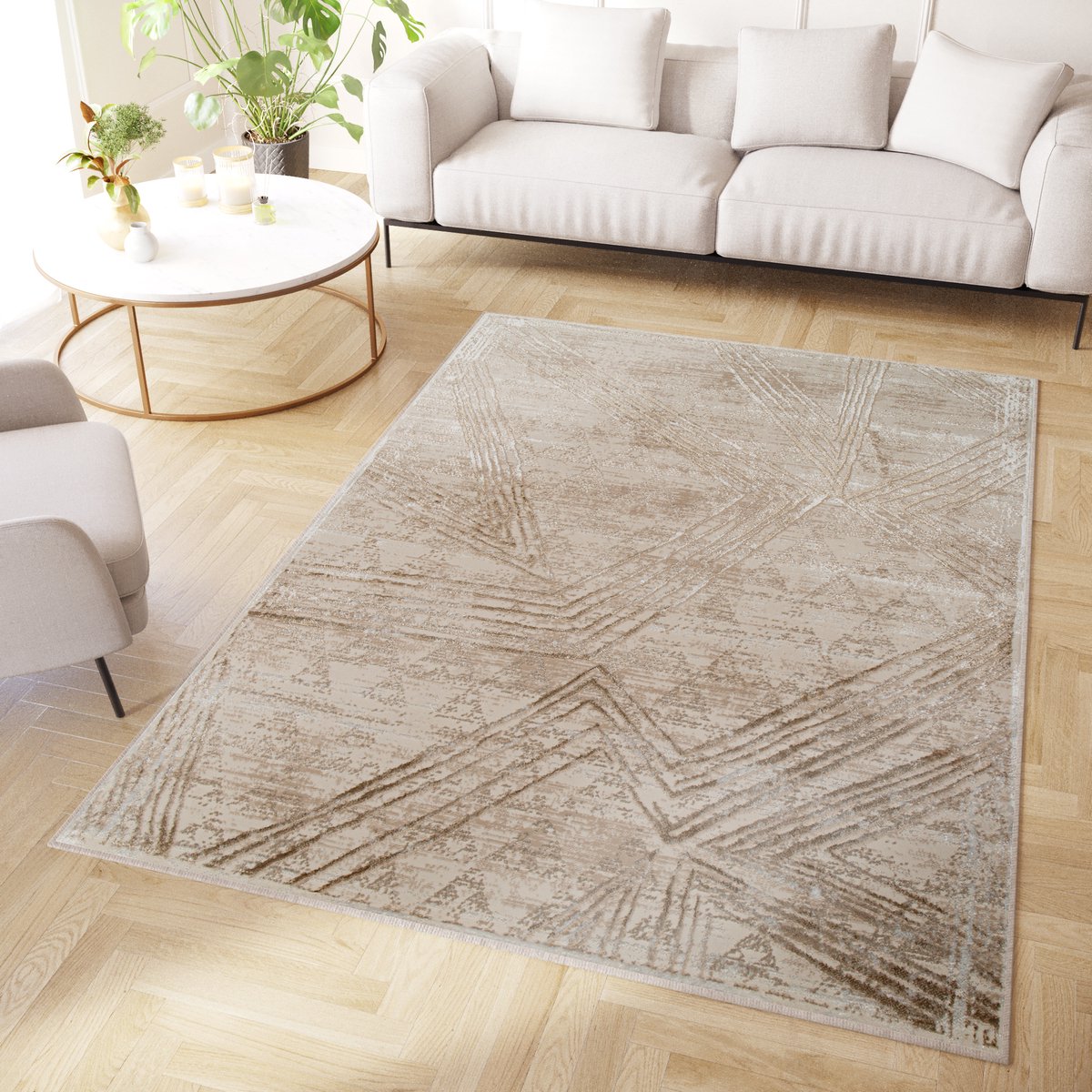 Tapiso Crystal Vloerkleed Beige Modern Laagpolig Kleed Tapijt Maat- 300x400