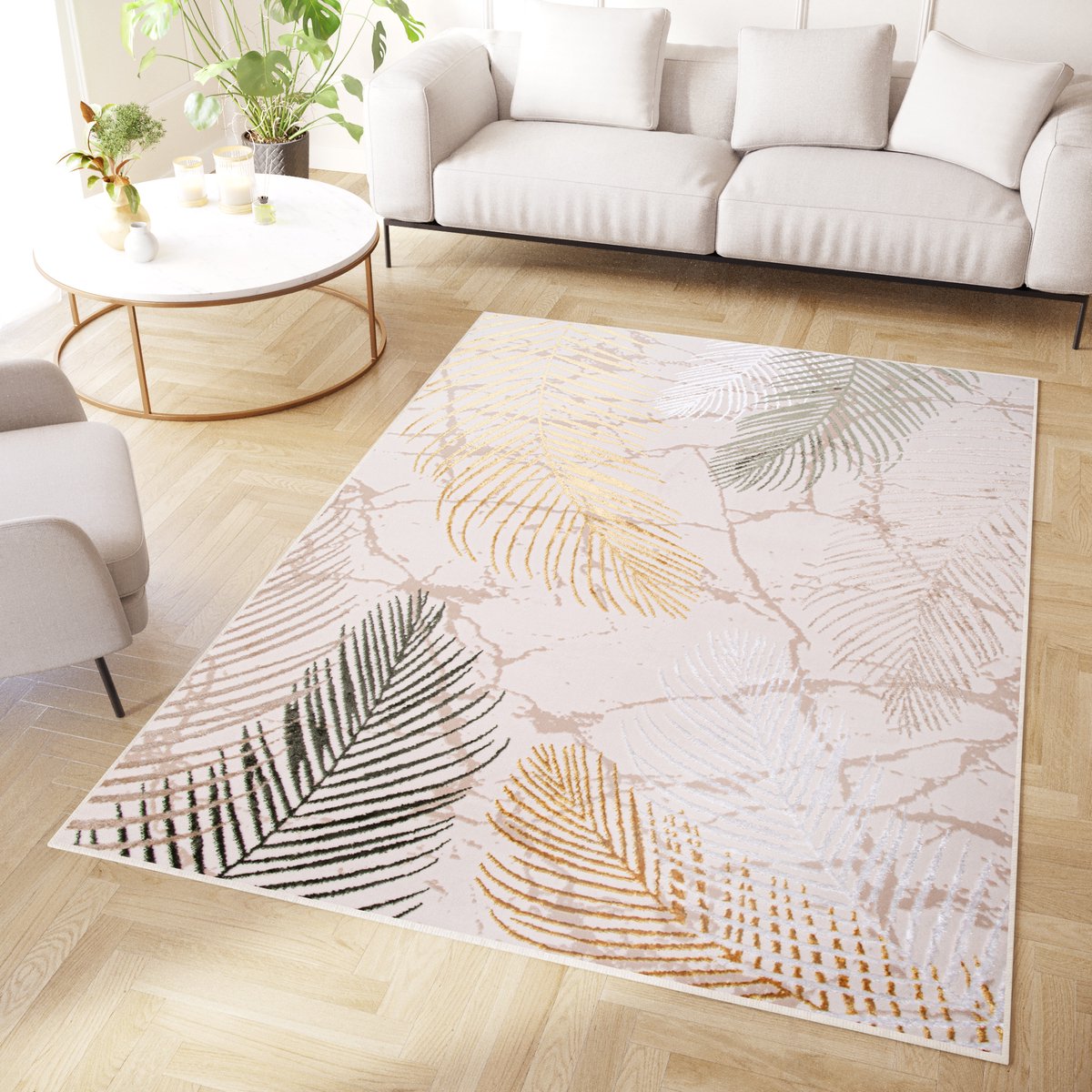 Tapiso Crystal Vloerkleed Beige Goud Cr?®me Marmer Tapijt Maat- 120x170