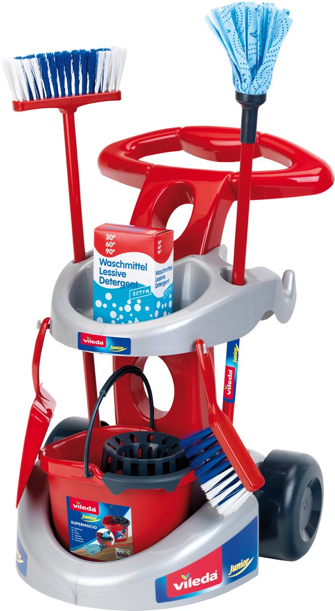 Klein Toys Vileda reinigingswagen - dweil, bezem en verscheidene huishoudelijke accessoires - 61 cm lange dweil - 55,5 cm lange bezem - rood blauw - Klein
