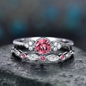 2 trendy ringen | Zilverkleurig | Roze stenen | Vrouwen | Maat 56