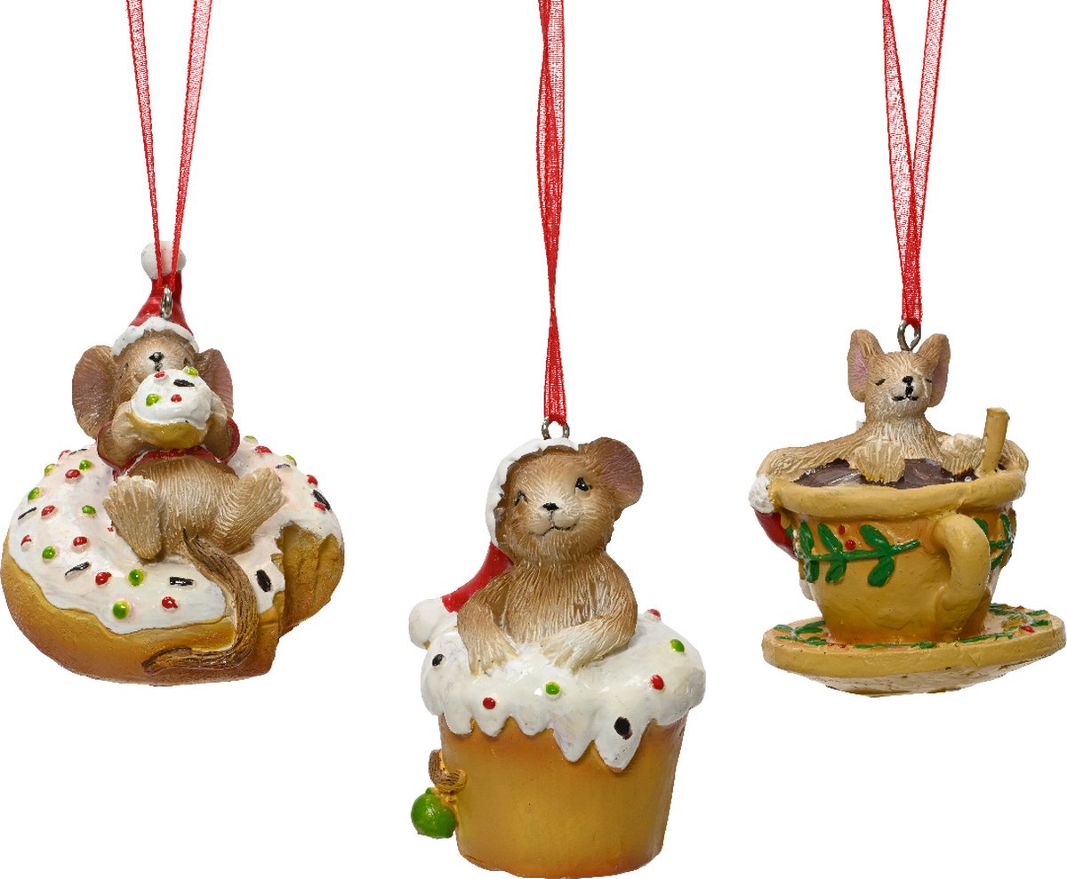 Decoris Kersthanger Muis polyresin op donut, cupcake of in kopje - L5,7cm- B6,5cm-H5 cm