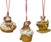 Decoris Kersthanger Muis polyresin op donut, cupcake of in kopje - L5,7cm- B6,5cm-H5 cm