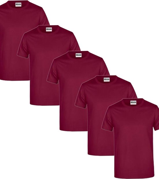 James & Nicholson 5 Pack Bordeaux T-Shirts Heren, 100% Katoen Ronde Hals, Ondershirts Maat XL