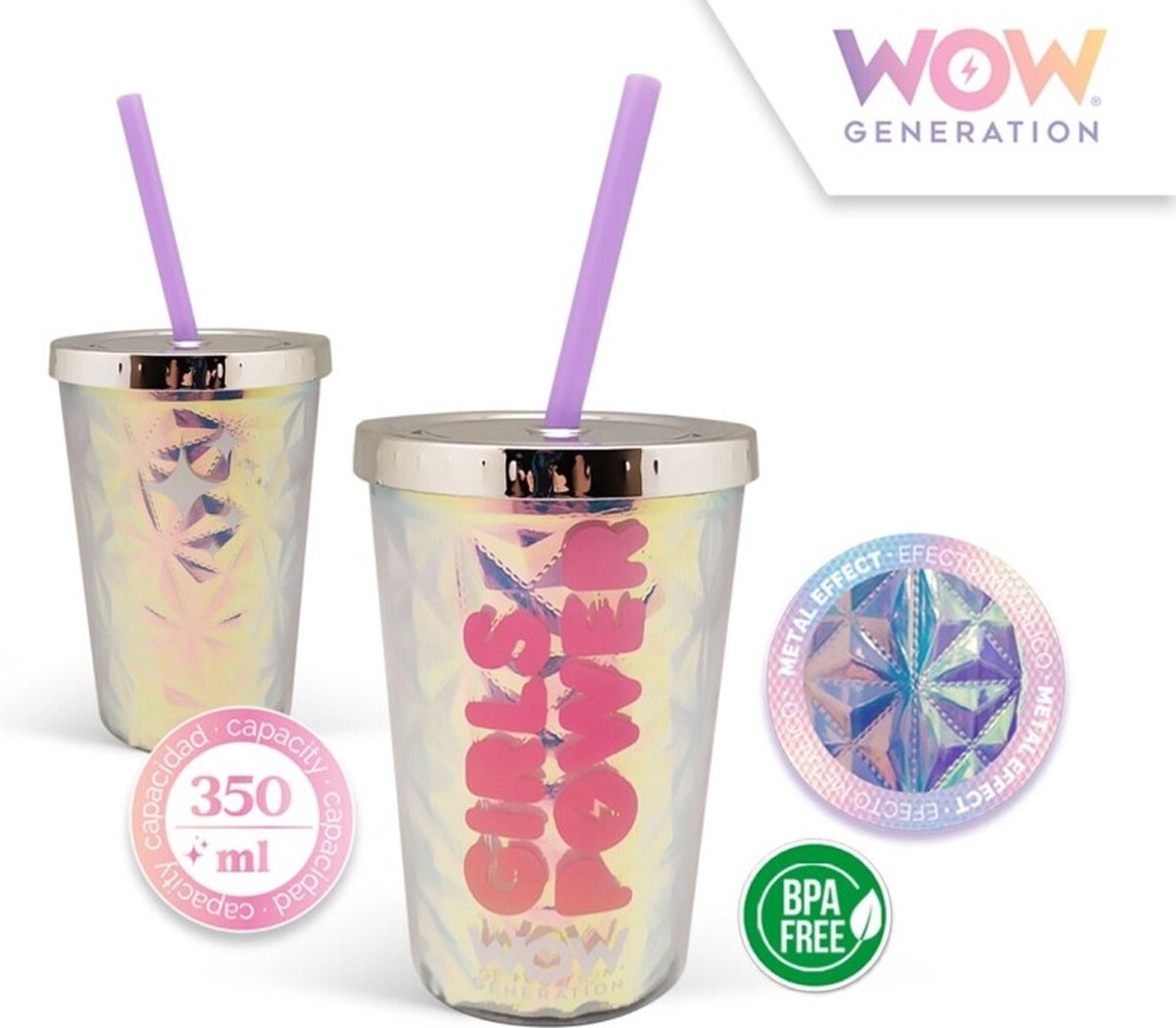 Wow Generation Diamant Drinkbeker met Rietje - Metaal effect - Beker voor meiden - 350ml.
