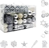 Kerstballen, set van 113 stuks, zilverkleurig en wit, kerstboomversiering in verschillende maten en uitvoeringen, zilver en wit