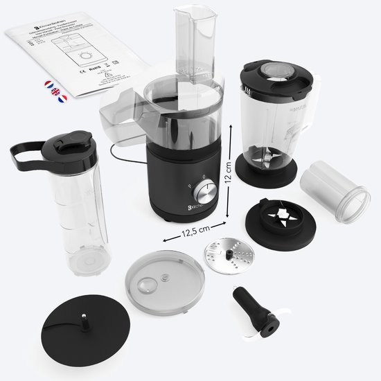 KitchenBrothers Foodprocessor - 5 in 1 Multifunctioneel Model - Hakmolen - Groentesnijder - BPA Vrij - 0,5L - Keukenmachine - Uiensnijder - Zwart