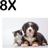 BWK Textiele Placemat - Kitten en Puppy met Witte Achtergrond - Set van 8 Placemats - 45x30 cm - Polyester Stof - Afneembaar
