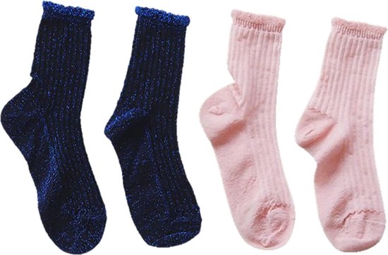 Glitter sokken set - 2 pack - 2 paar sokken - Blauw - Roze - One size
