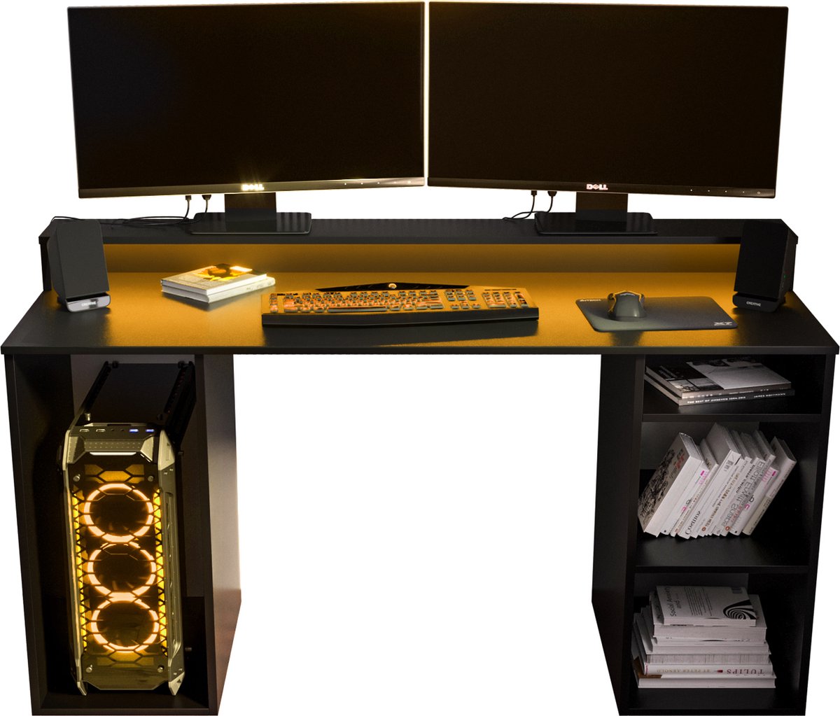 Game Bureau Gaming Desk met LED Verlichting Tafel Computer Bureau - (LxHxP): 50x90x138 cm - SHOT 1 (Zwart + Oranje LED)