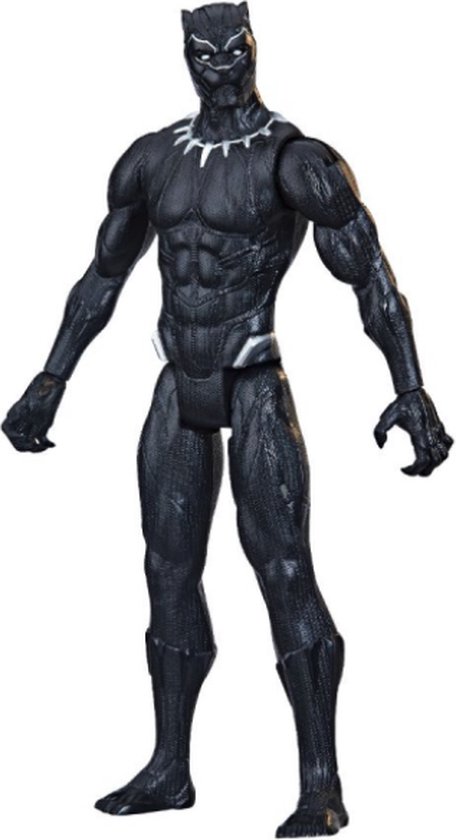 Gedetailleerd Black Panther speelfiguur met zwart glanzend pantser en zilverkleurige accenten.