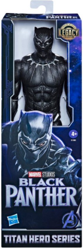 Verpakking van Black Panther speelfiguur, met 'Legacy Edition' en 'Marvel Studios' logo's.