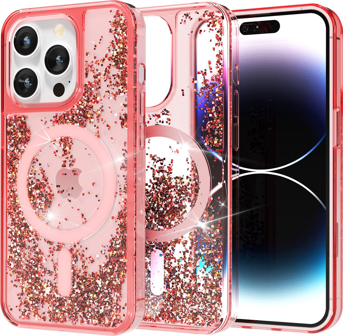 Hoesje geschikt voor iPhone 14 Pro Roze Transparant - Met Bewegende Glitters - Magsafe Hoes