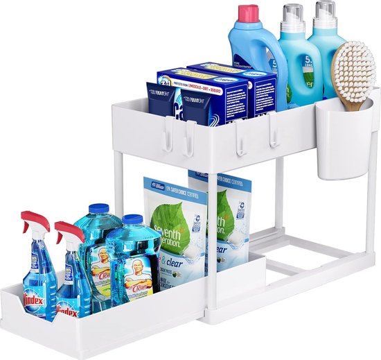 Onder Wastafelrek Uittrekbare Kastorganizer Onder De , 2 Verdiepingen Met 4 Haken En 1 Hangbeker Optilbaar Voor De Keuken