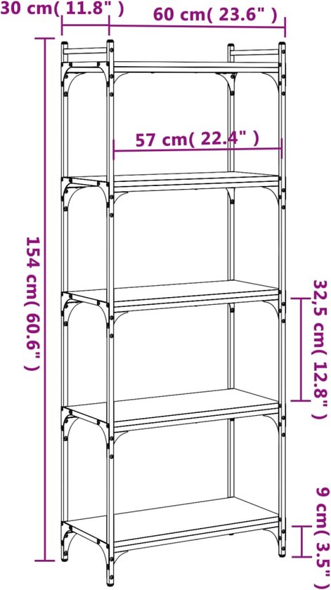 vidaXL - Boekenkast - 5-laags - 60x30x154 - cm - bewerkt - hout - gerookt - eikenkleur