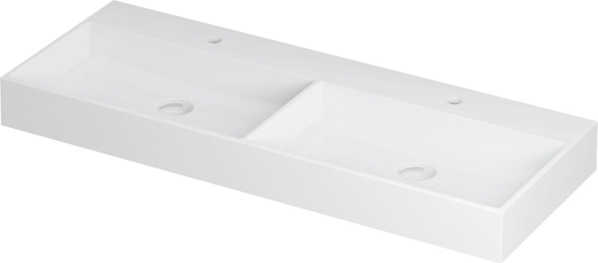 INK United wastafel porselein dubbele wasbak met 2 kraangaten inclusief porseleinen click plug en verborgen overloop systeem 120x45x11cm, mat wit