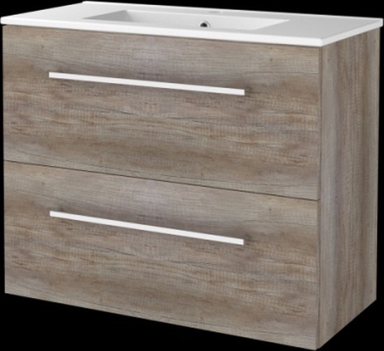 Modulo Badkamermeubel Met Wastafel | 120 Cm Lichtgrijs Eiken Vlak Front Mineraalmarmer 4 Hoge Lades Bmw14 00284
